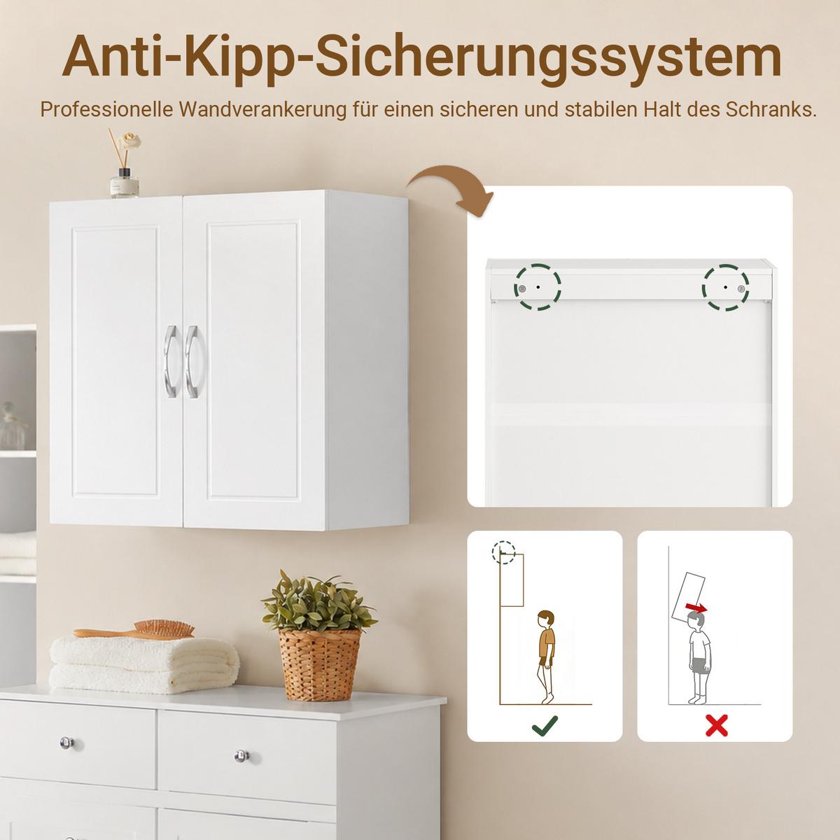 HÄNGESCHRANK weiß, 60x60x30 cm, 2 Türen, 3 Höhen für Böden, bis 25 kg, für Bad, Waschraum, Küche & Flur - Weiß, Holzwerkstoff (60/60/30cm) - SoBuy