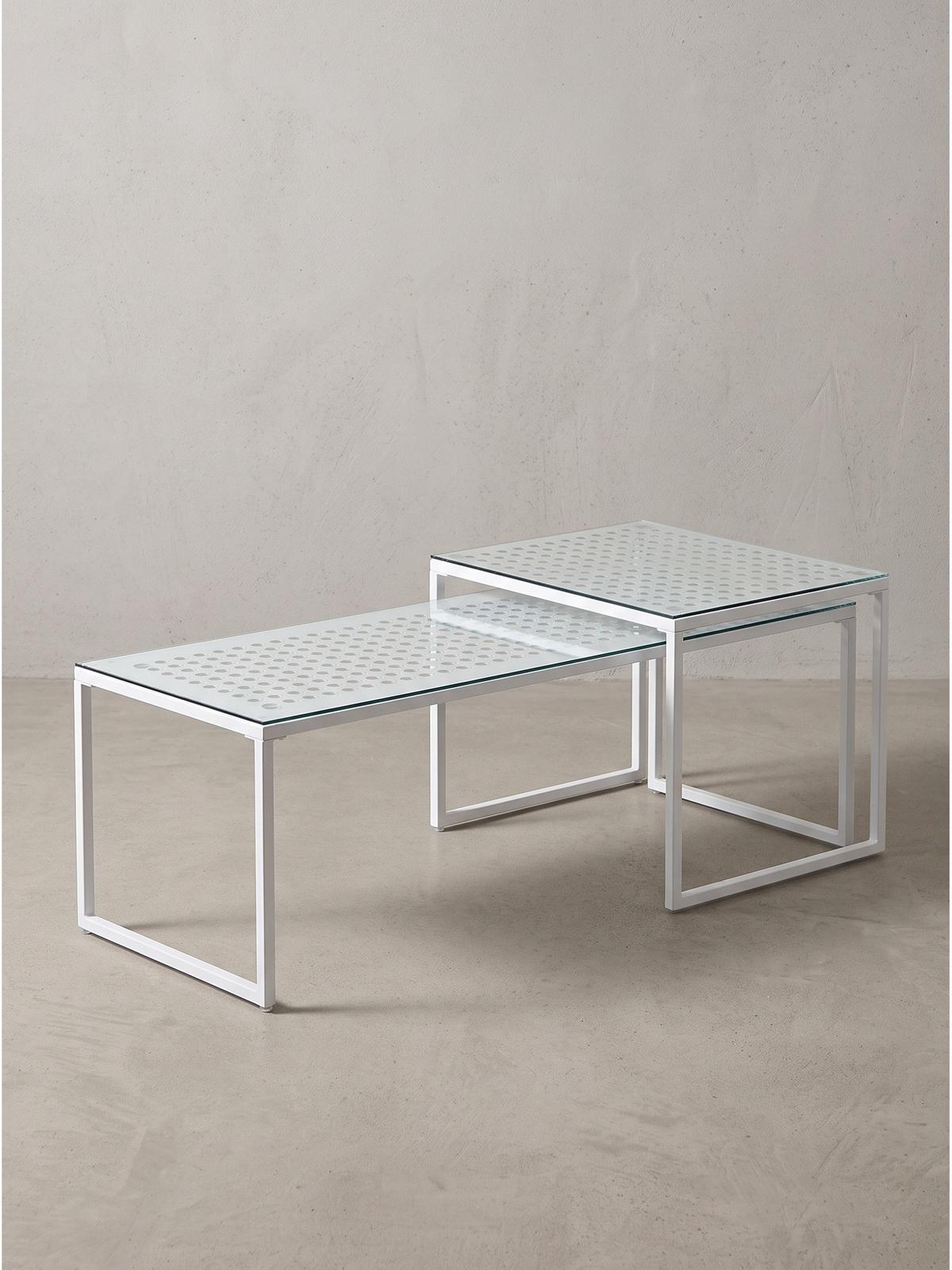 SOFATISCHE 2er-Set ALCUDIA, Einscheibensicherheitsglas, Weiß, 100 x 40 x 35 cm - Weiß, Glas/Metall (40/100/35cm) - KADIMA DESIGN