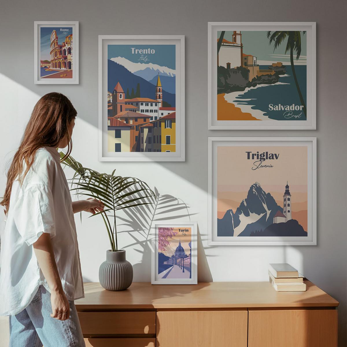 BILDER SET 5er Set - 50x50 cm & 20x30 cm & 40x60 cm Weißer Rahmen - Blicke auf berühmte Orte am Meer - Weiß, Kunststoff (40/60cm) - TULUP