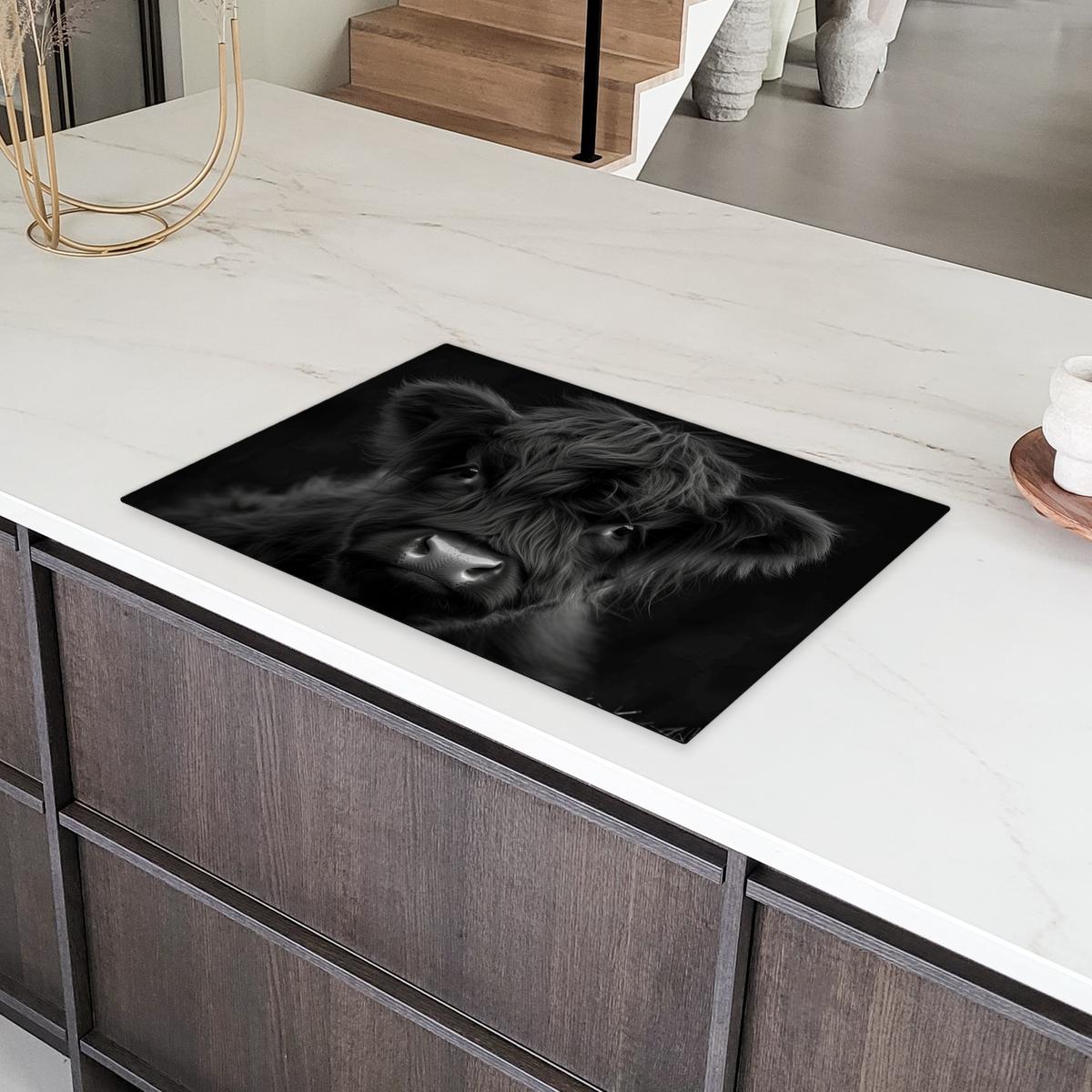 HERDABDECKPLATTE Scottish Highlander - Schwarz - Kalb - Kuh Induktionsmatte 77x51 cm - Schwarz, Kunststoff (77/51/0.2cm) - MuchoWow