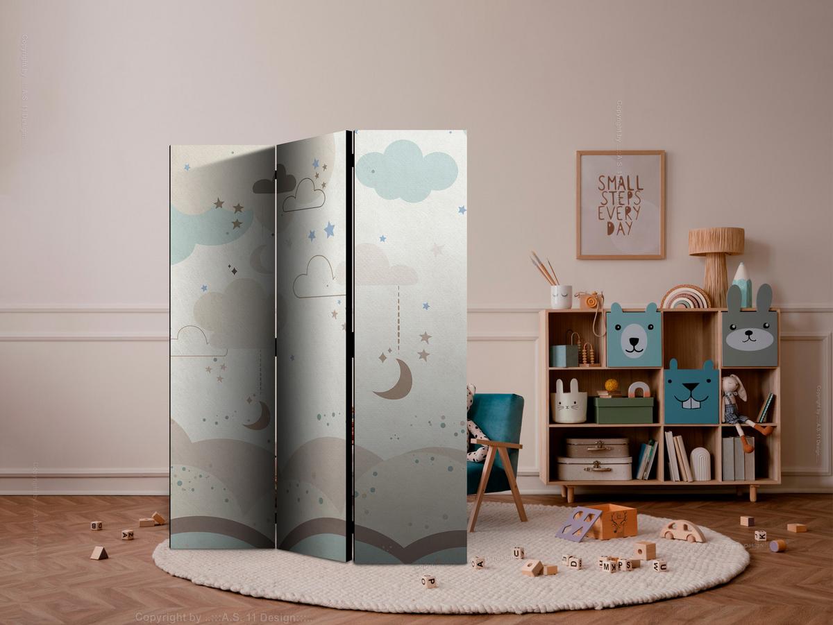PARAVENT Akustik 3-tlg 135x172 cm Wolken Sterne f r Kinder - Beige, Holz/Textil (135/172/3cm) - Muralo