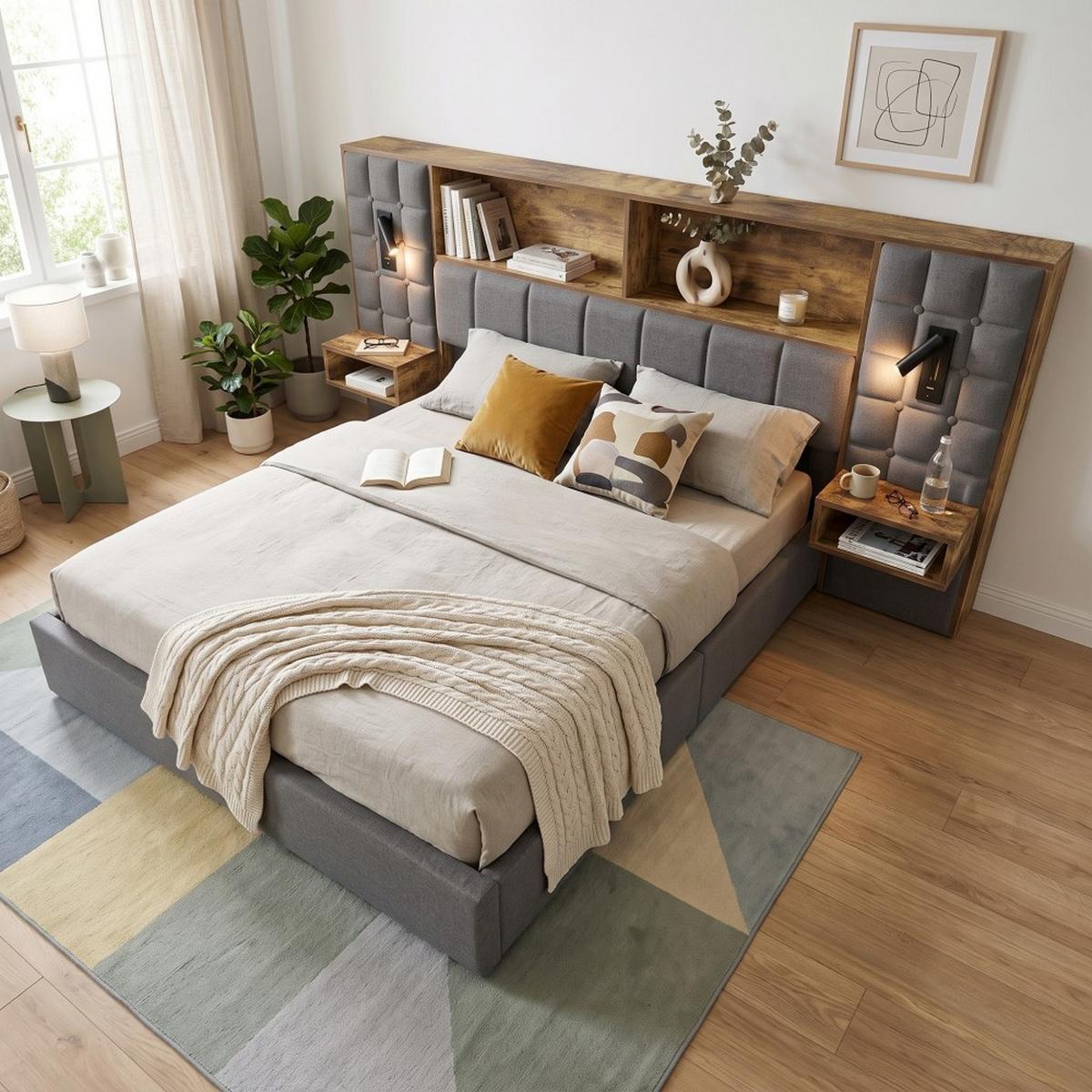 POLSTERBETT 160x200 mit Stauraum LED Nachttische USB Leinen - Grau, Textil (160/200cm) - Urban Meuble
