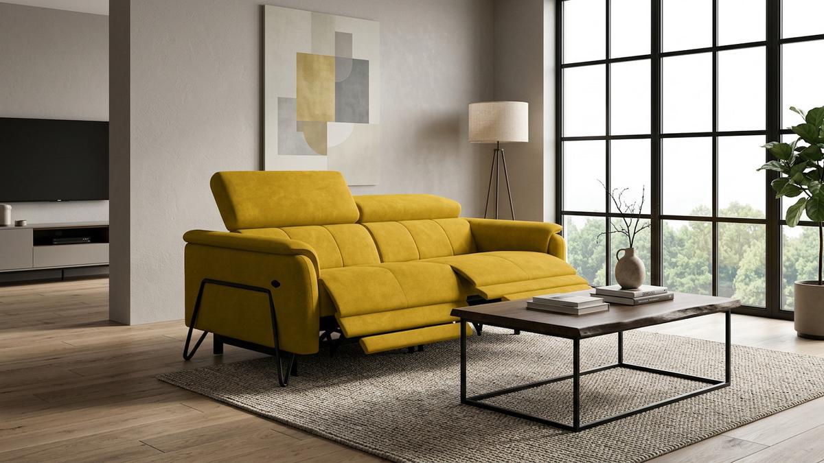RELAXSOFA RODEN 3-Sitzer mit 2 Relax, dunkegelb, Veloursstoff - Gelb, Holz/Textil (194/82/103cm) - Wozimo