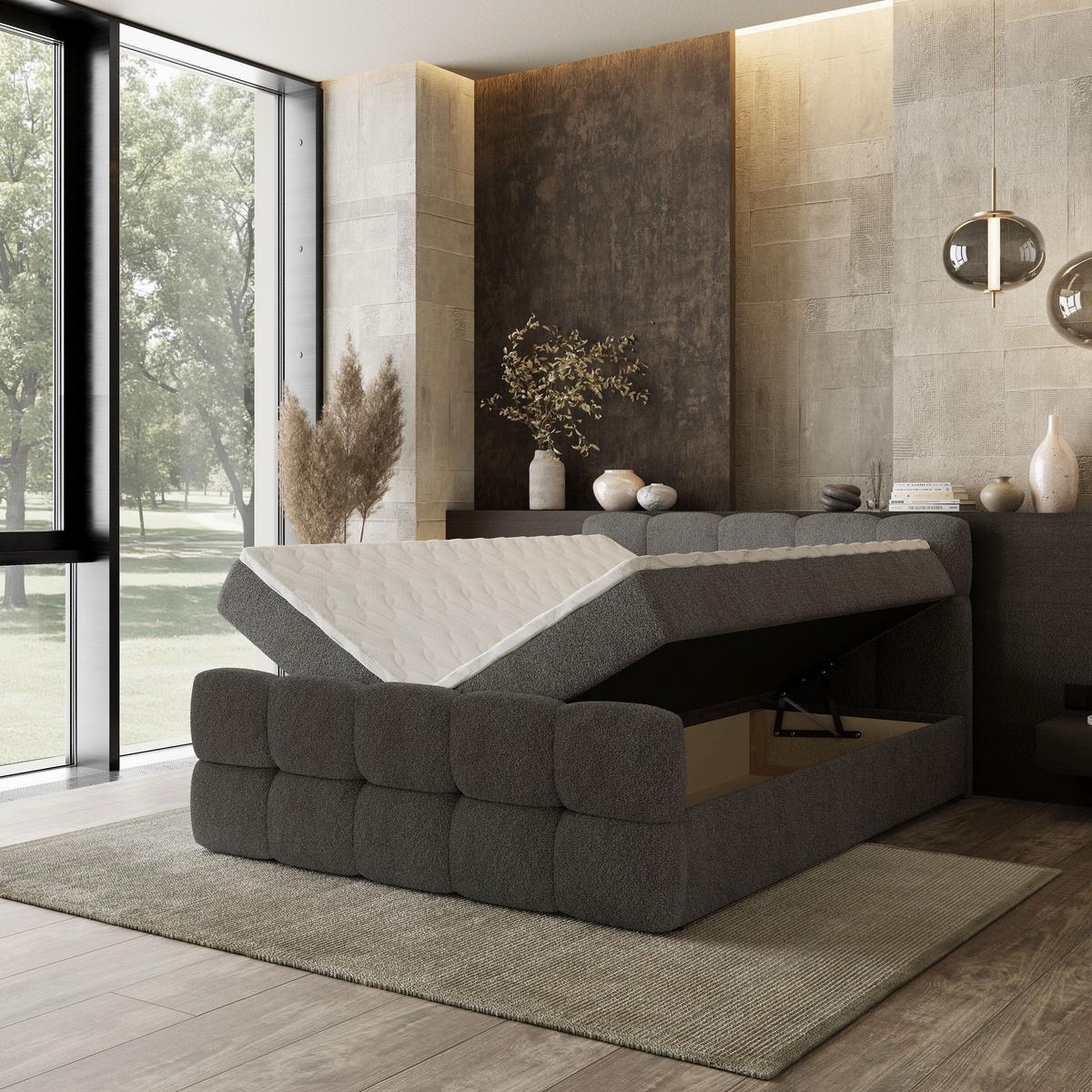 BOXBETT BRUME 160x200 cm mit Matratze und Topper, H2+H3 - Grau - Grau, Holz (160/200cm) - MASSENO