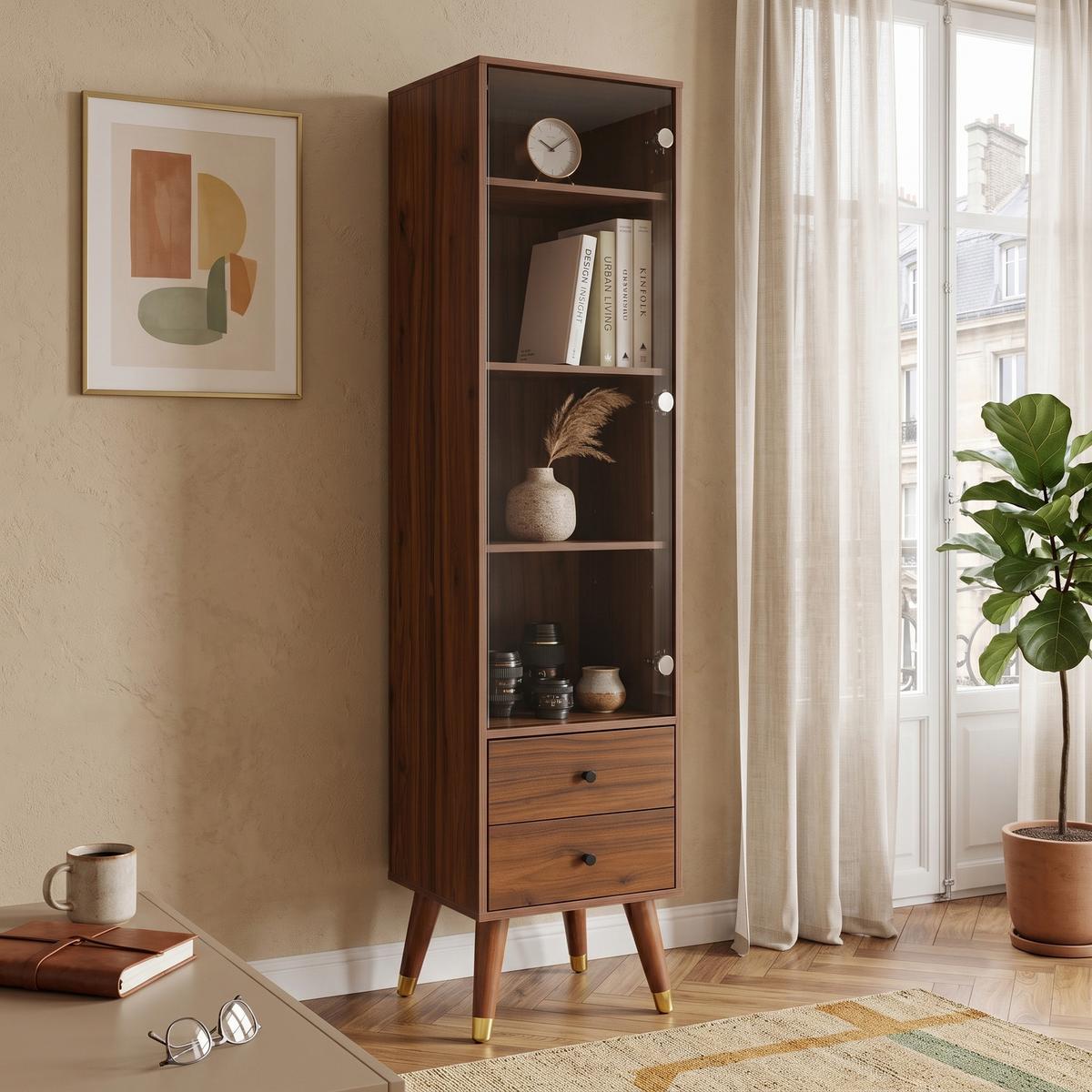 HIGHBOARD Nussbaumholz-Optik mit Glastür, 2 Schubladen & verstellbaren Regalen - Walnussfarben, Holzwerkstoff (39.8/160/35cm) - Urban Meuble