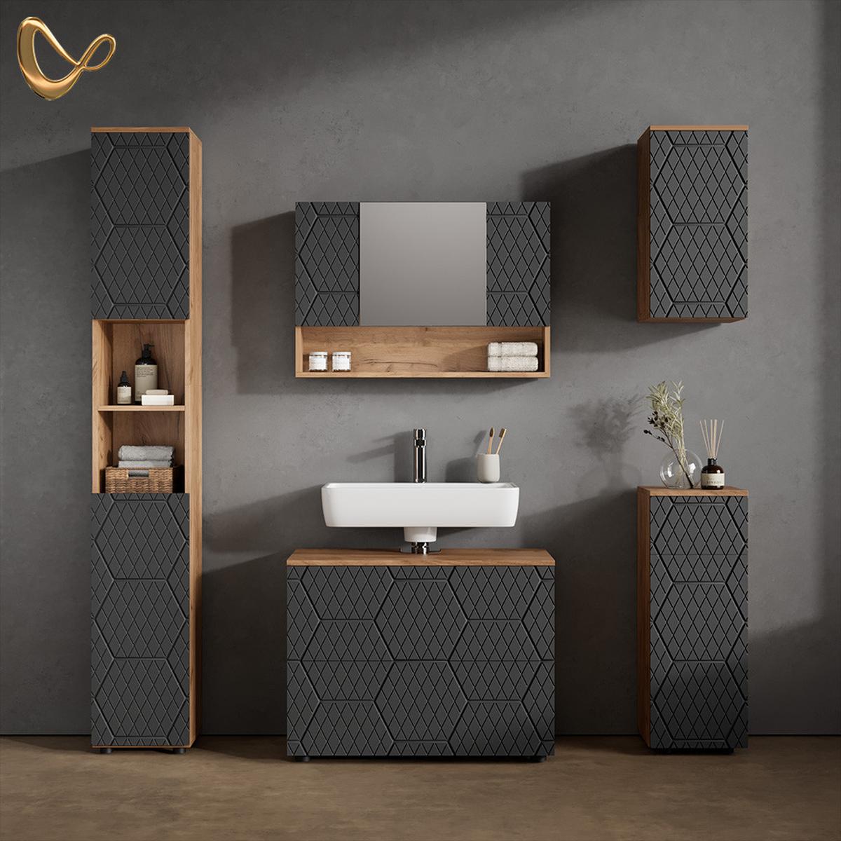 WASCHBECKENUNTERSCHRANK Ronco Anthrazit mit Wabenstruktur 80 x 58.6 cm mit 2 Schubladen - Anthrazit, Holzwerkstoff (80/58.6/41cm) - Livinity®