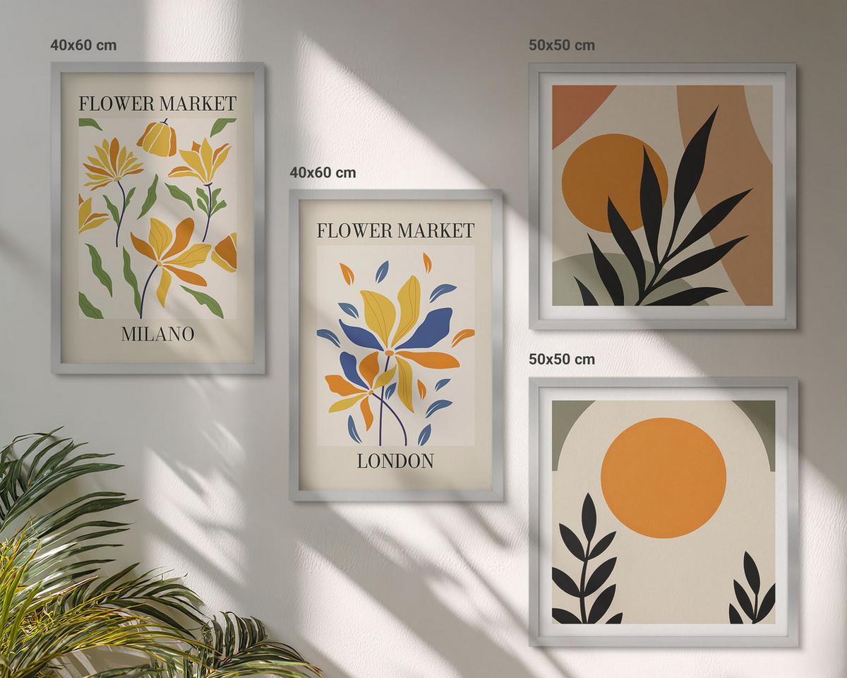 BILDER SET 4er Set - 50x50 cm & 40x60 cm Silberner Rahmen - Blumenposter Paris Mailand - Silberfarben, Kunststoff (50/50cm) - TULUP