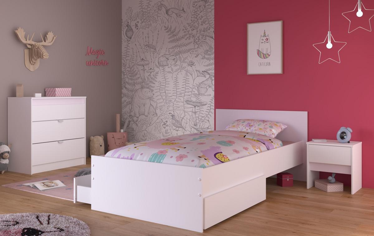 KINDERZIMMER weiß, grau oder rosa, Komplett-Set 4-teilig mit Stauraumbett 90x200 cm - Weiß, Holzwerkstoff (100/80/203cm) - Parisot Meuble