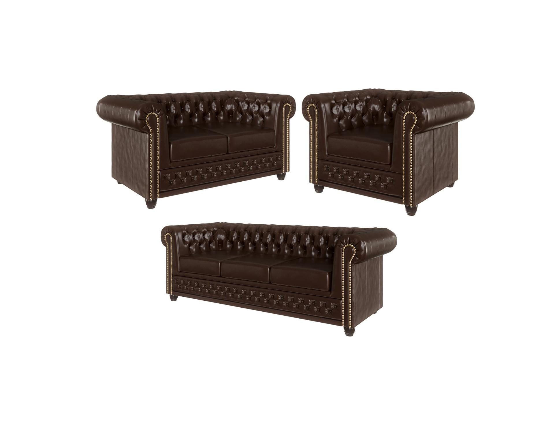 SITZGARNITUR 3+2+1 Chesterfield Morin Braun Vegan Leder - Braun, Buchenholz/Textil (203/72/86cm) - S-Style Möbel