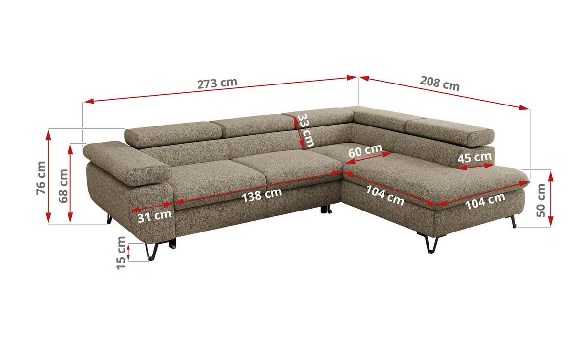 ECKSOFA PABLO L Dunkelbeige Struktur - Rechts Seite - Greige/Schwarz, Textil/Metall (273/208cm) - MKS