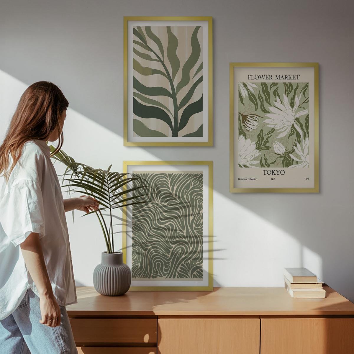 BILDER SET 3er Set - 40x60 cm Goldrahmen - Pflanzenmuster, Boho-Dekorationen - Goldfarben, Kunststoff (40/60cm) - TULUP