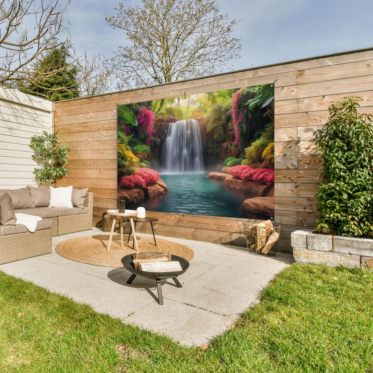 GARTENPOSTER Wasserfall - Natur - Pflanzen - Dschungel - Wasser Poster für draußen 180x120 cm - Grün, Kunststoff (180/120/0.2cm) - OnlyWow