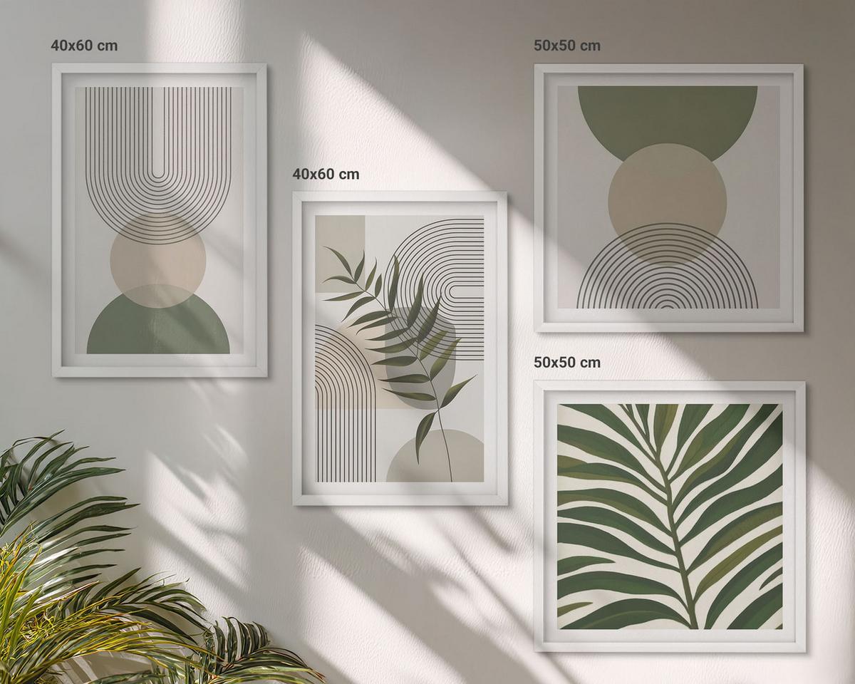 BILDER SET 4er Set - 50x50 cm & 40x60 cm Weißer Rahmen - Abstrakte Blätter im Boho-Stil - Weiß, Kunststoff (50/50cm) - TULUP