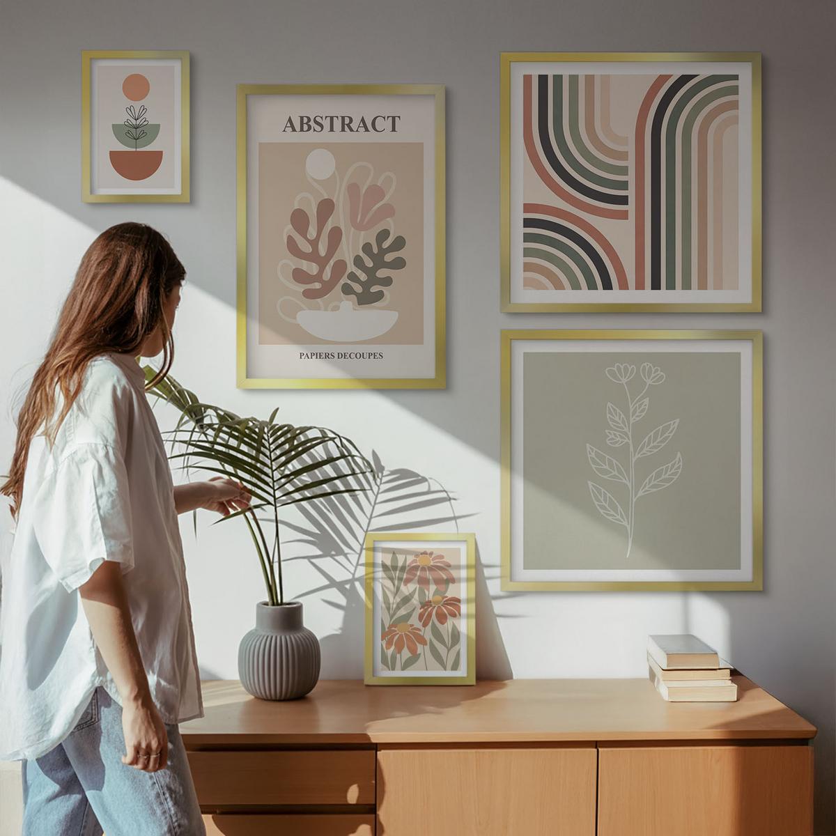 BILDER SET 5er Set - 50x50 cm & 20x30 cm & 40x60 cm Goldrahmen - Abstrakte Pastellpflanzen - Goldfarben, Kunststoff (40/60cm) - TULUP