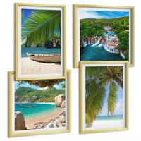 BILDER SET 4er Set - 50x50 cm & 40x60 cm Goldrahmen - Strand, Boot, Wasserfälle, Palmen - Goldfarben, Kunststoff (50/50cm) - TULUP
