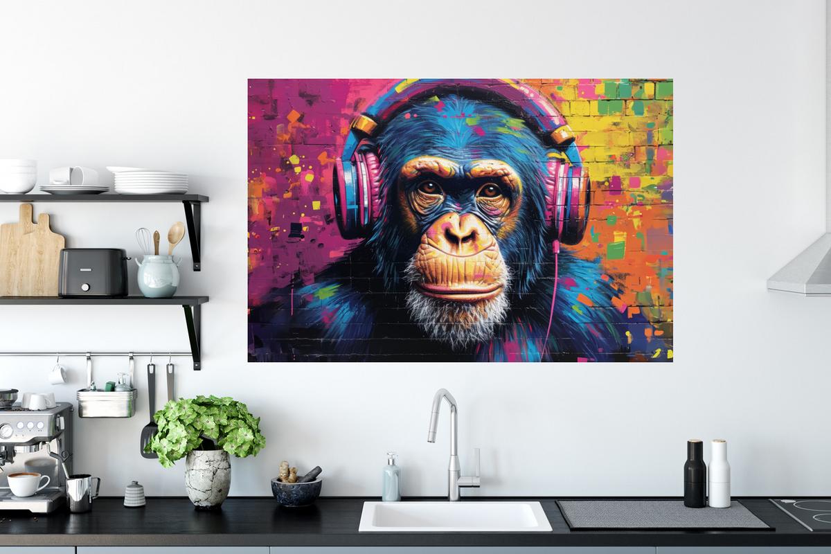 WANDTATTOO Graffiti - Schimpanse - Straßenkunst - Kopfhörer - Affe Wandsticker 120x80 cm - Blau, Kunststoff (120/80/0.1cm) - MuchoWow
