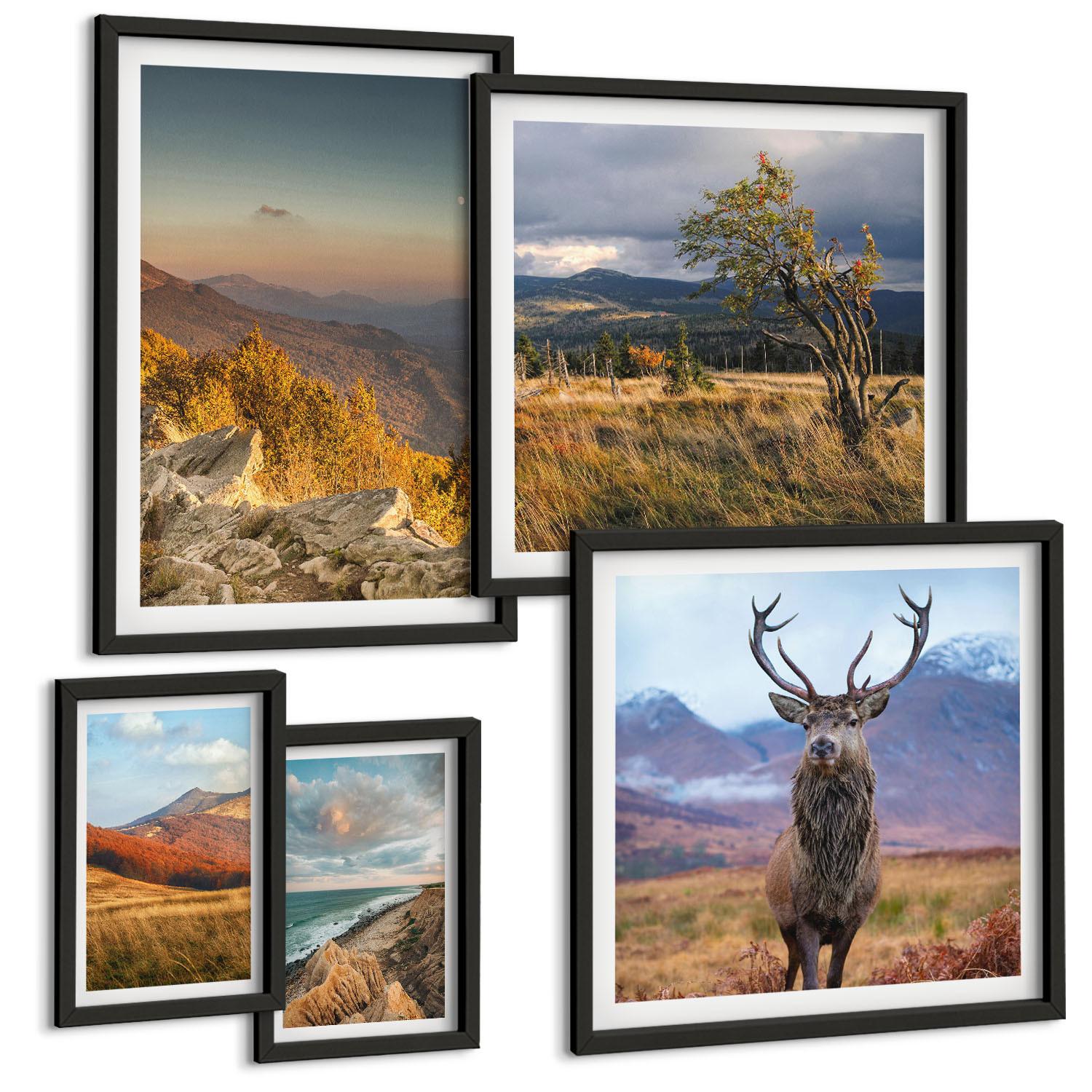 BILDER SET 5er Set - 50x50 cm & 20x30 cm & 40x60 cm Schwarzer Rahmen - Berglandschaften, Hirschgras - Schwarz, Kunststoff (40/60cm) - TULUP