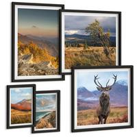 BILDER SET 5er Set - 50x50 cm & 20x30 cm & 40x60 cm Schwarzer Rahmen - Berglandschaften, Hirschgras - Schwarz, Kunststoff (40/60cm) - TULUP