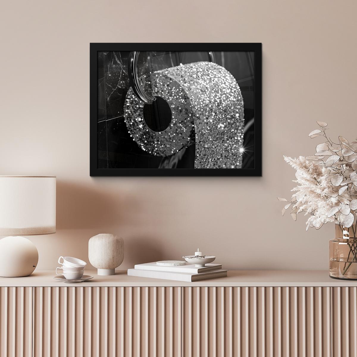 POSTER MIT RAHMENGERAHMTES BILD WC - Toilettenpapier - Schwarz und weiß - Glitter 40x30 cm - Silberfarben, Papier (40/30cm) - MuchoWow