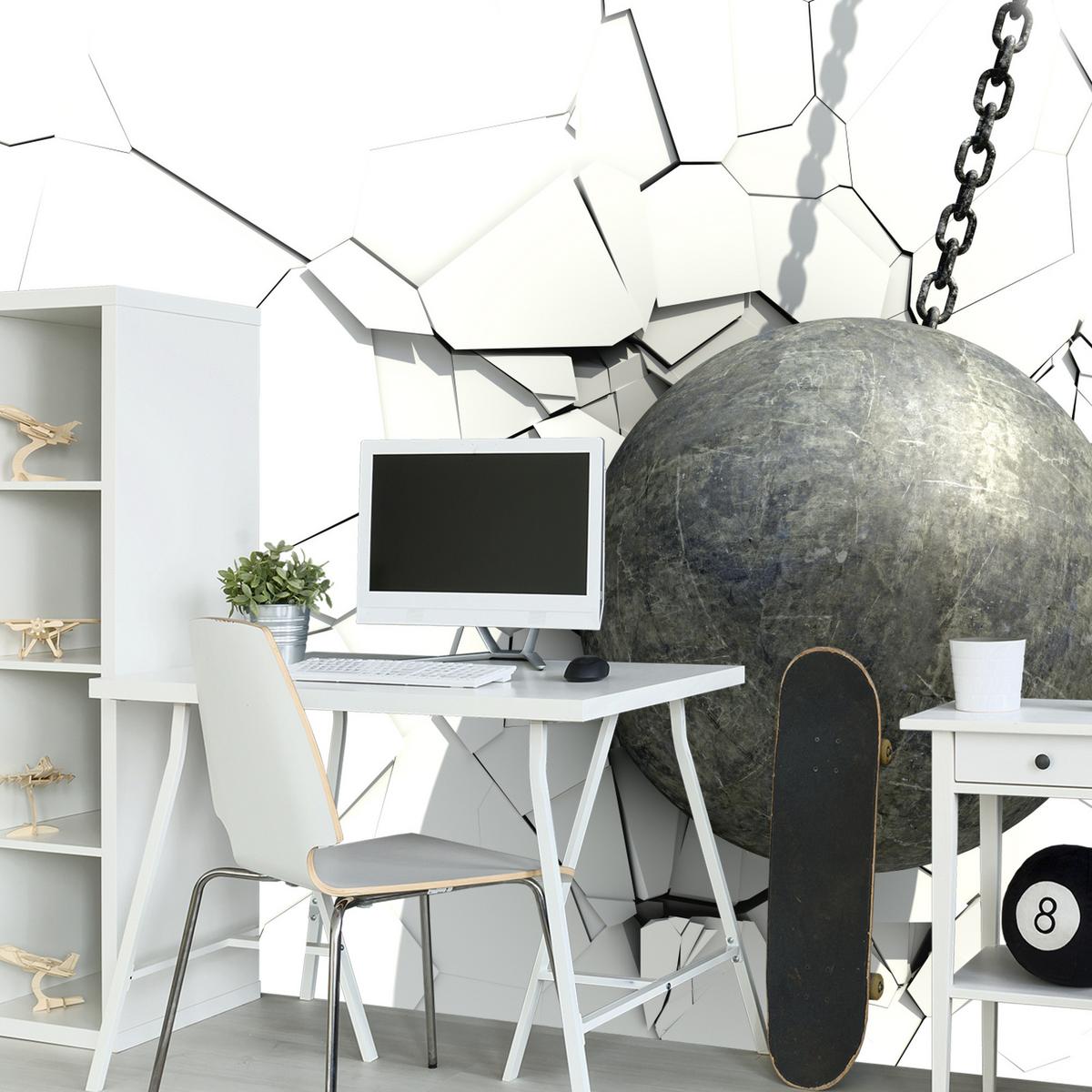 FOTOTAPETE für Büro Metallkugel Riss Weiße Wand 350x256 - Weiß/Grau, Papier (350/256cm) - Muralo