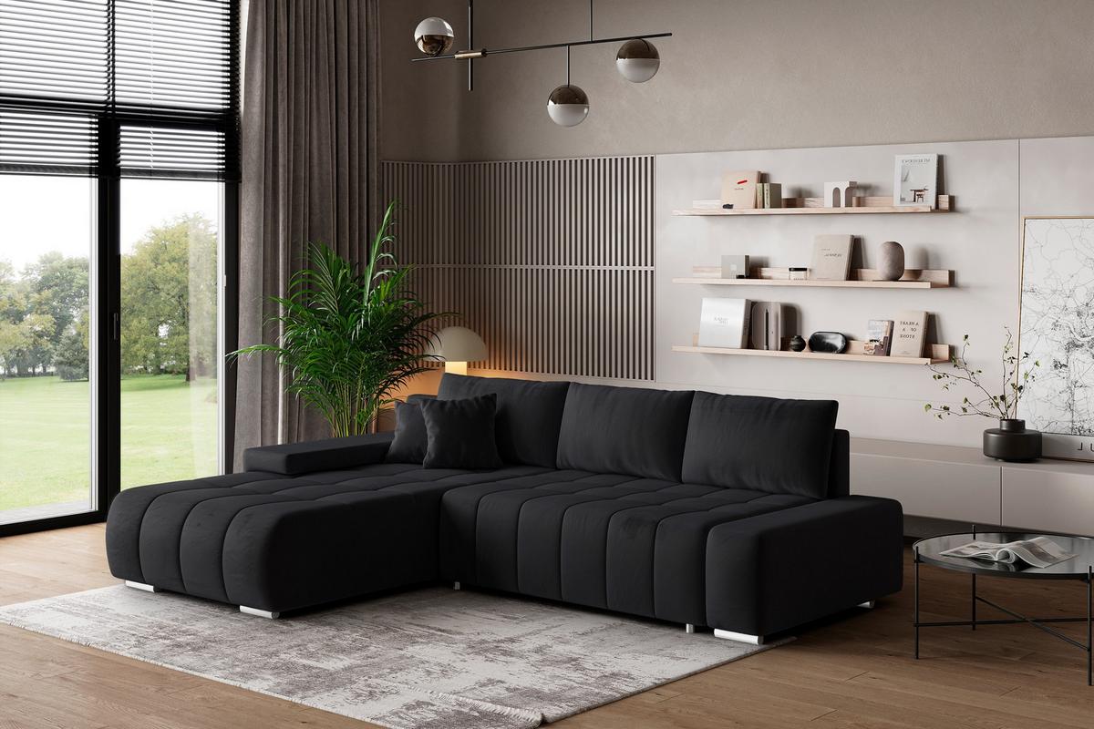 ECKSOFA ALESE L-S Schwarz Velours-Stoff mit Schlaffunktion - Silberfarben/Schwarz, Holz/Textil (265/185cm) - MASSENO