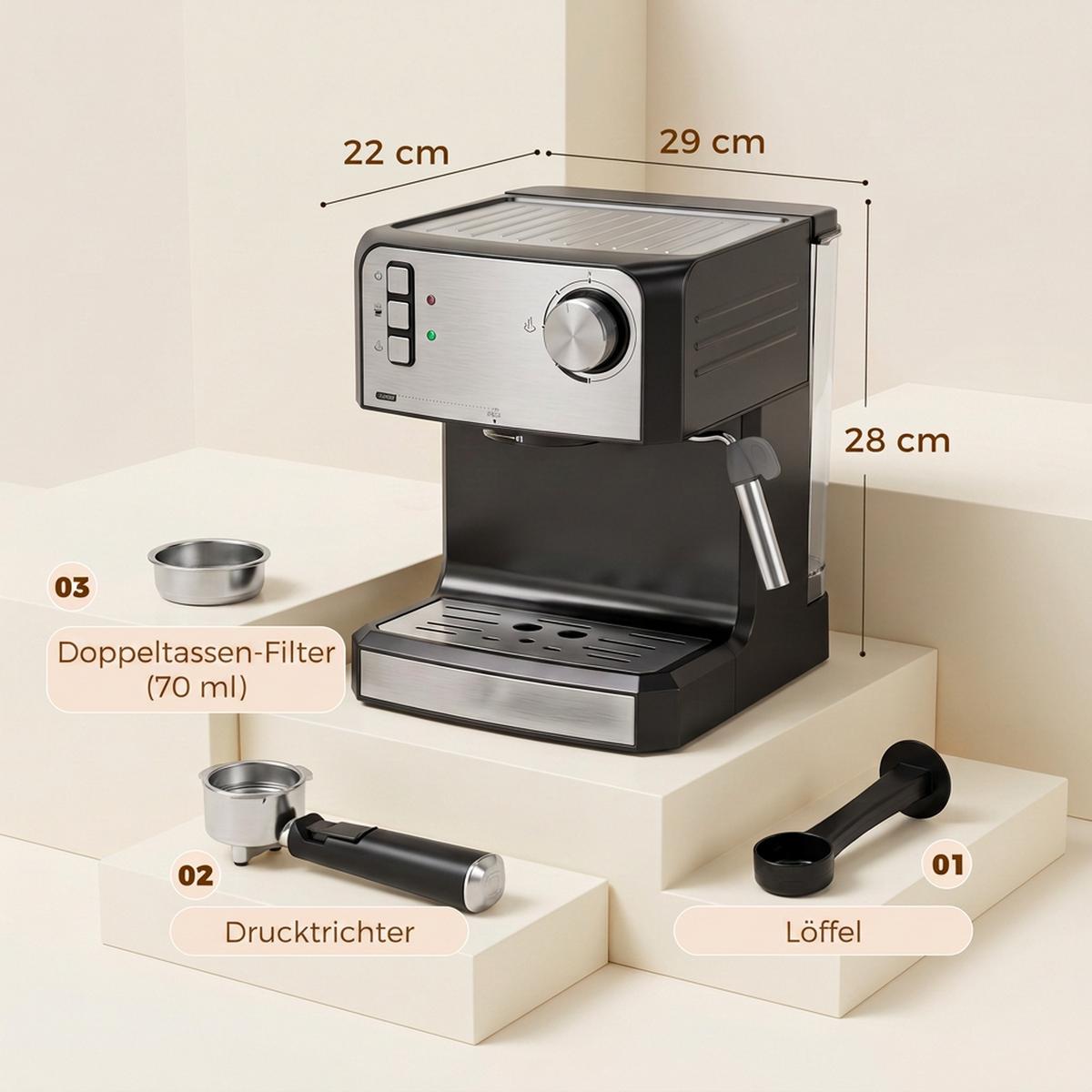 KAFFEEMASCHINE Edelstahl Schwarz - Schwarz, Metall (22/28/29cm) - HOMCOM