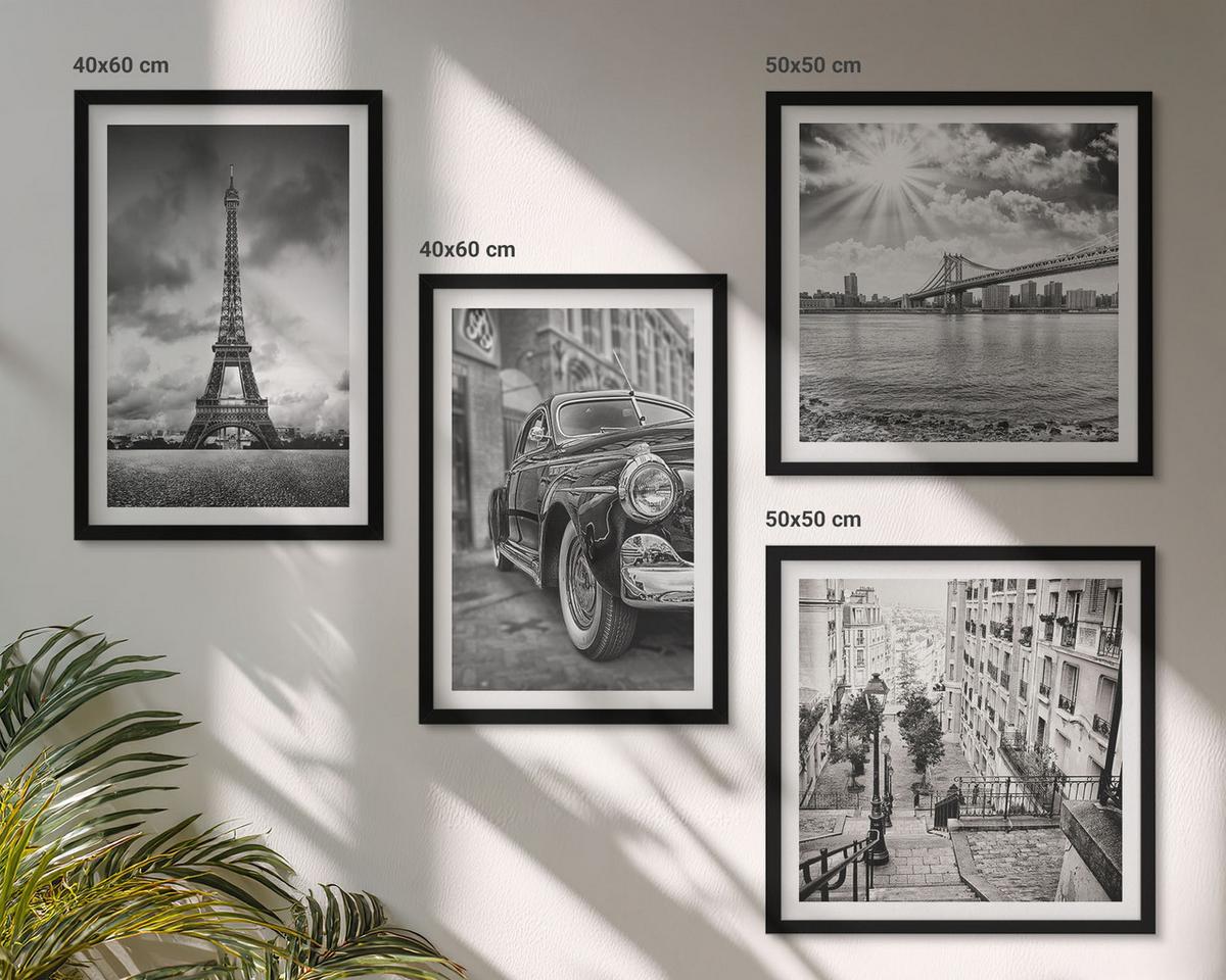 BILDER SET 4er Set - 50x50 cm & 40x60 cm Schwarzer Rahmen - Stadtansichten, Brücken, Eiffelturm, Auto - Schwarz, Kunststoff (50/50cm) - TULUP