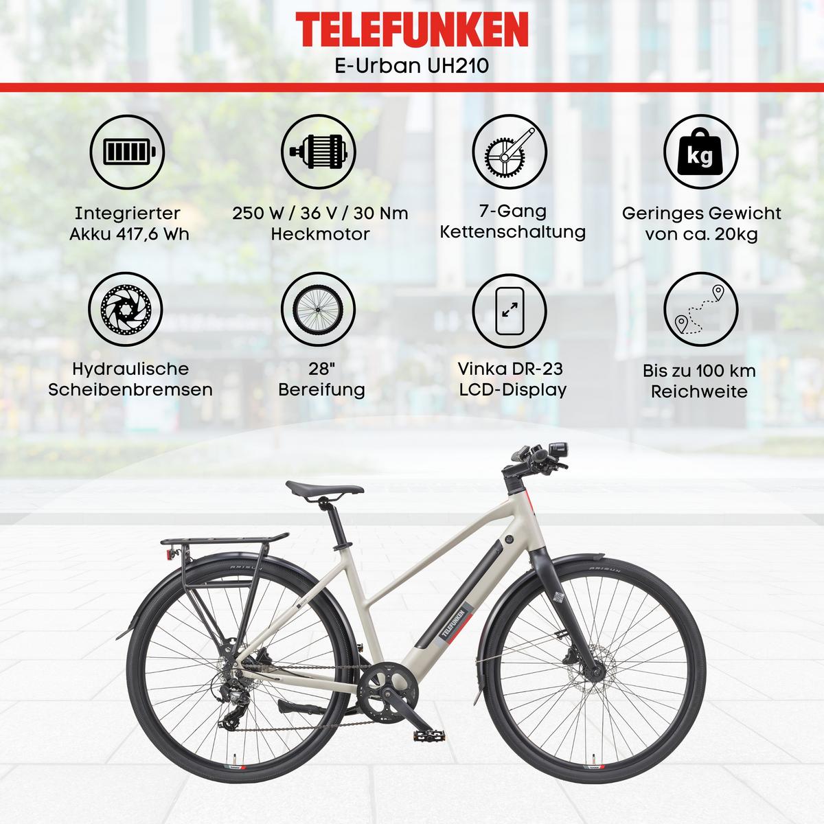 E-BIKE Urban UH210 Elektrofahrrad 28 Zoll Pedelec 417,6 Wh Hinterradmotor 7-Gang Kettenschaltung, leicht - Grau, Metall (111cm) - Telefunken