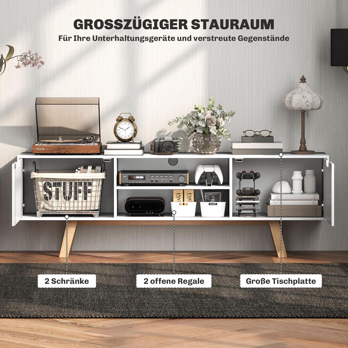 TV-SCHRANK, Fernsehtisch für Fernseher bis zu 65 Zoll, Lowboard mit 2 Schränken - Weiß/Naturfarben, Holz/Holzwerkstoff (39/50/150cm) - HOMCOM