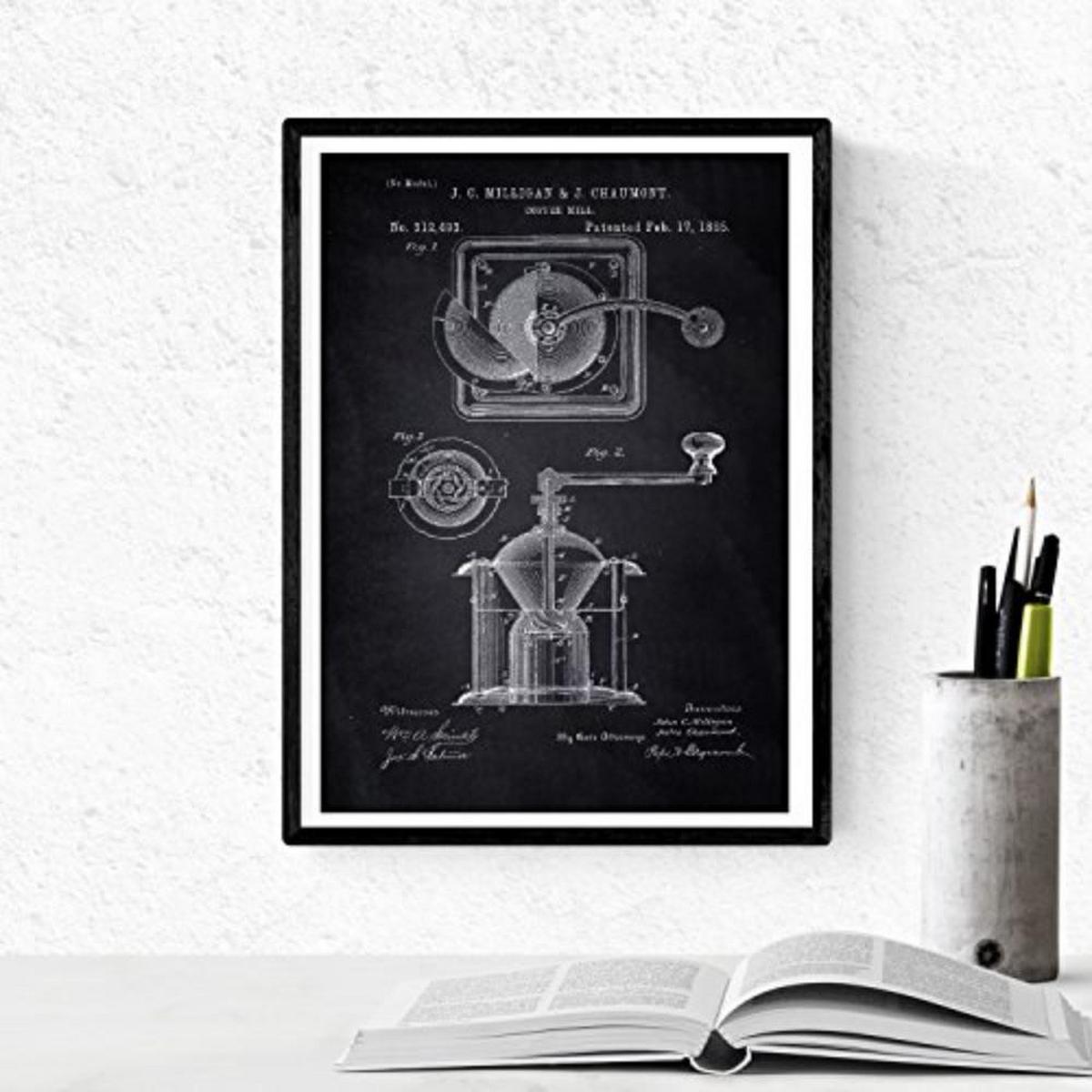 POSTER Set mit 4 Schwarz cafeteras Patenten A4 Schwarzer Rahmen - Schwarz, Papier (29.7/3cm) - Nacnic