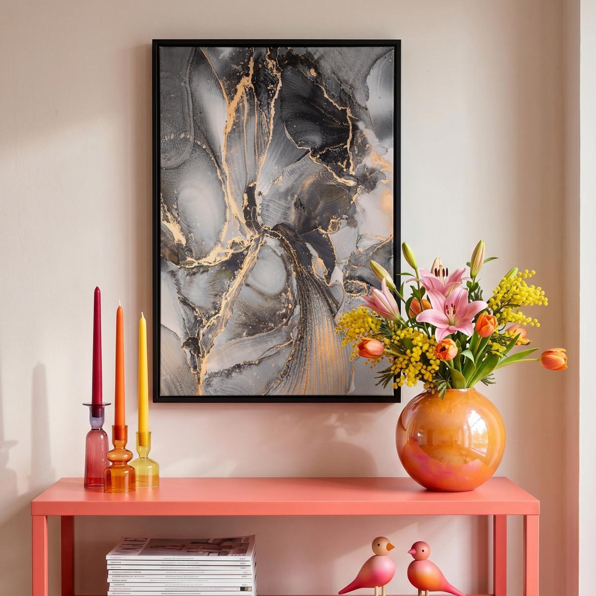 LEINWAND Bilder mit Rahmen - Grau - Luxus - Gold - Marmor - 40x60 - Dunkelgrau, Textil (40/60cm) - MuchoWow