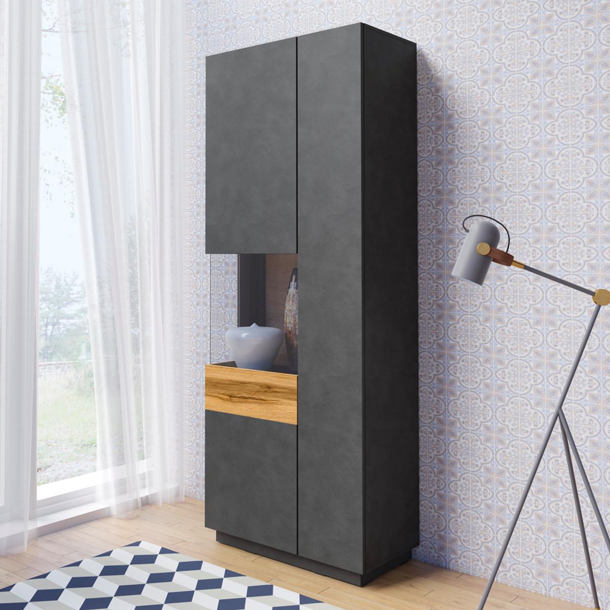 VITRINE Andrea Anthrazitgrau und Holz - Grau, Holzwerkstoff (80/207/40cm) - Petits-meubles