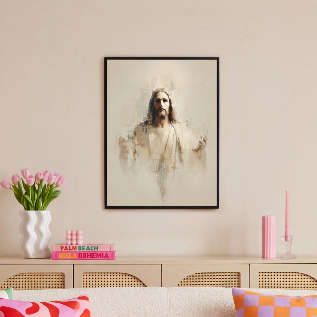 LEINWAND Bilder mit Rahmen - Porträt - Abstrakt - Jesus - Beige - 60x80 - Beige, Textil (60/80cm) - MuchoWow