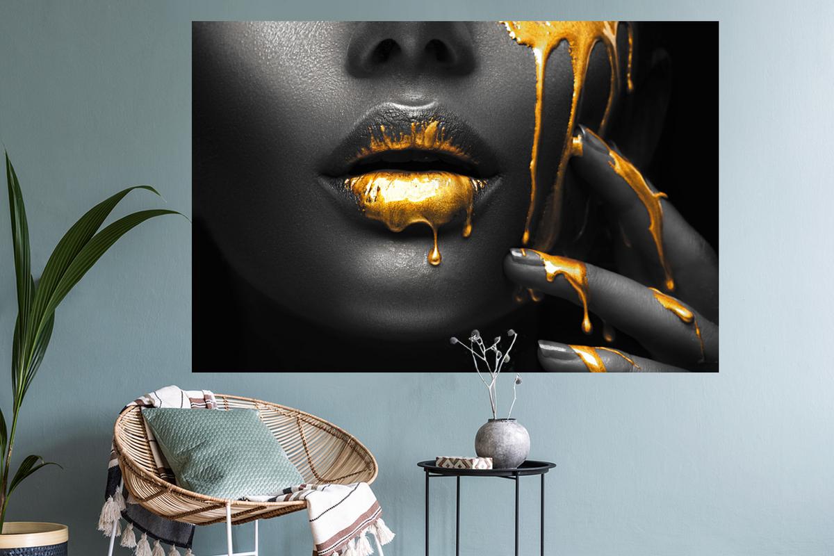 WANDTATTOO Frau - Schwarz - Gold - Gesicht - Lippen Wandsticker 120x80 cm - Goldfarben, Kunststoff (120/80/0.1cm) - MuchoWow