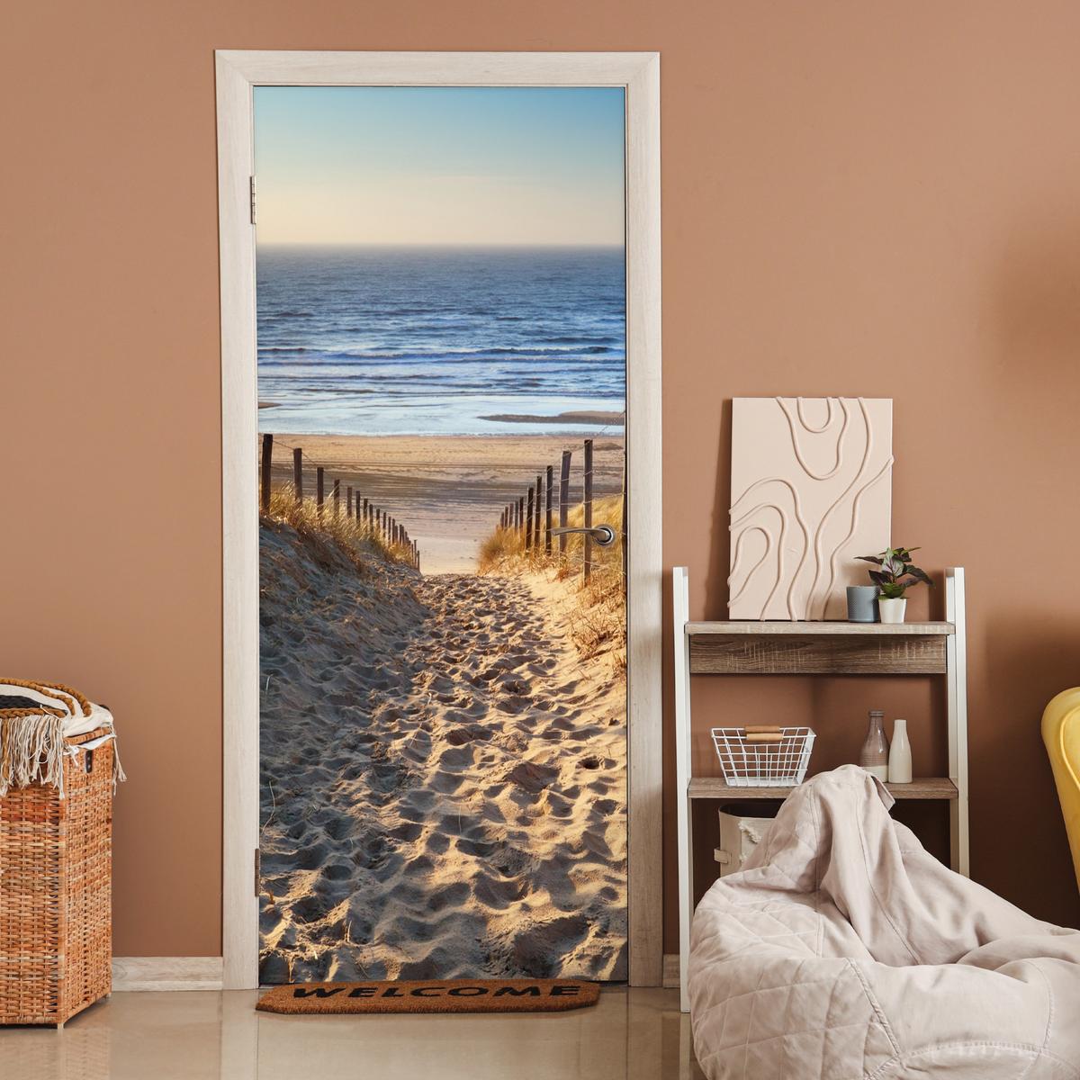 TÜRAUFKLEBER Strand - Meer - Niederlande - Dünen - Sonne 90x215 cm - Türtapete - Blau, Kunststoff (90/0.1cm) - MuchoWow