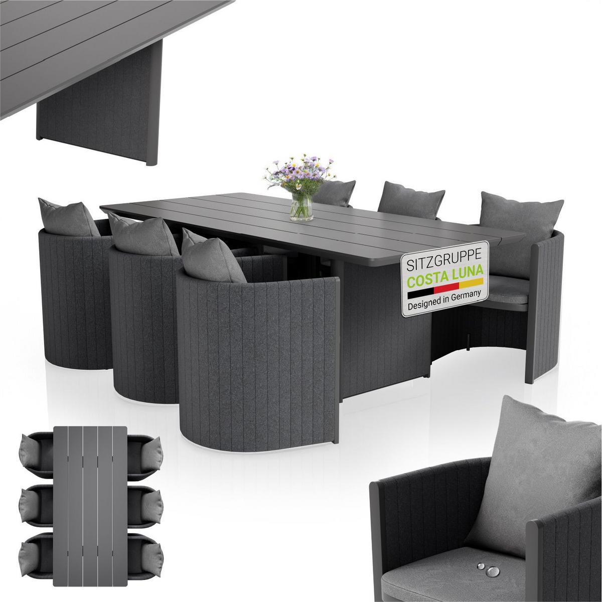 SITZGRUPPE Costa Luna Anthrazit (7-teilig) - Anthrazit, Metall - Juskys