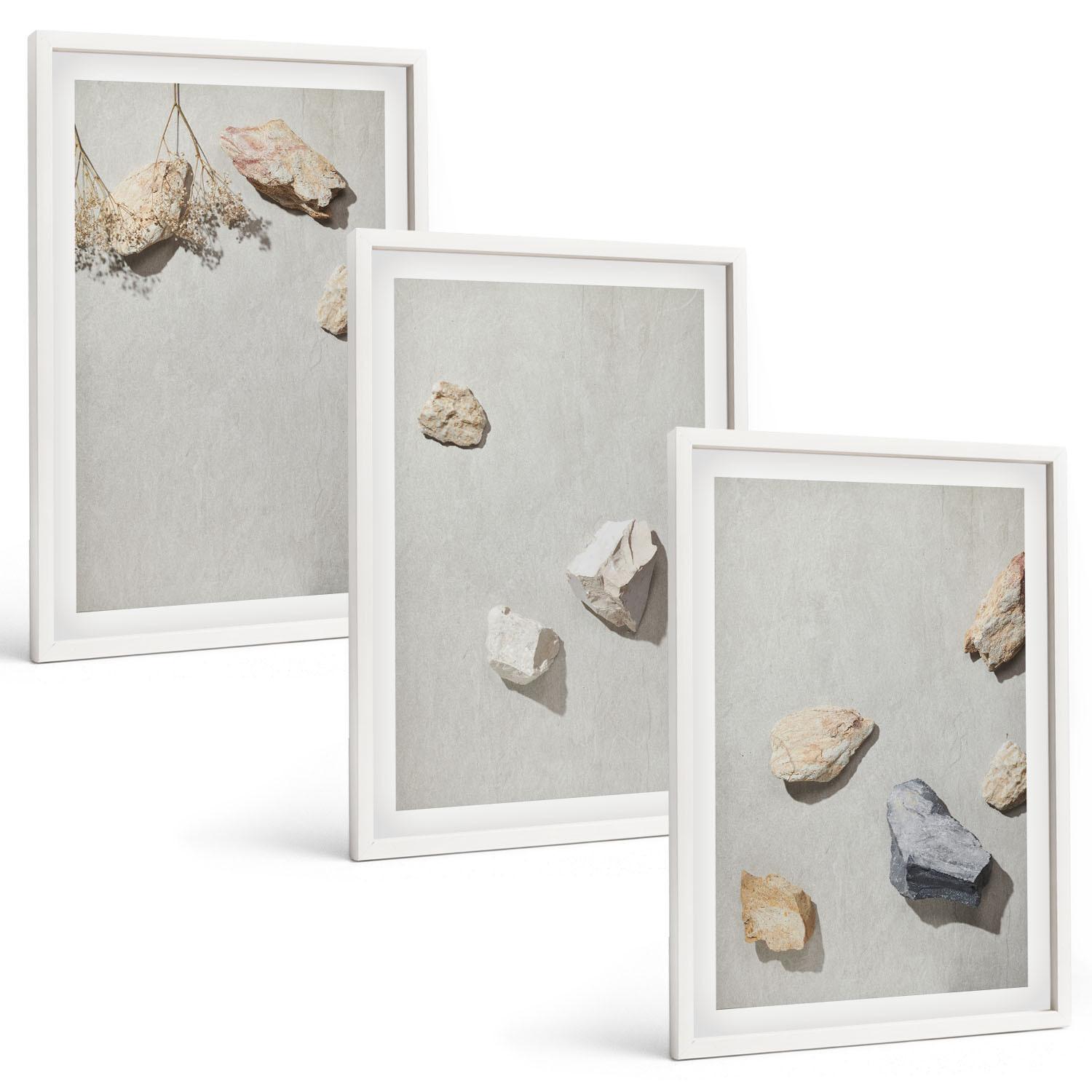 BILDER SET 3er Set - 40x60 cm Weißer Rahmen - Boho-Stranddekorationen aus Steinen - Weiß, Kunststoff (40/60cm) - TULUP