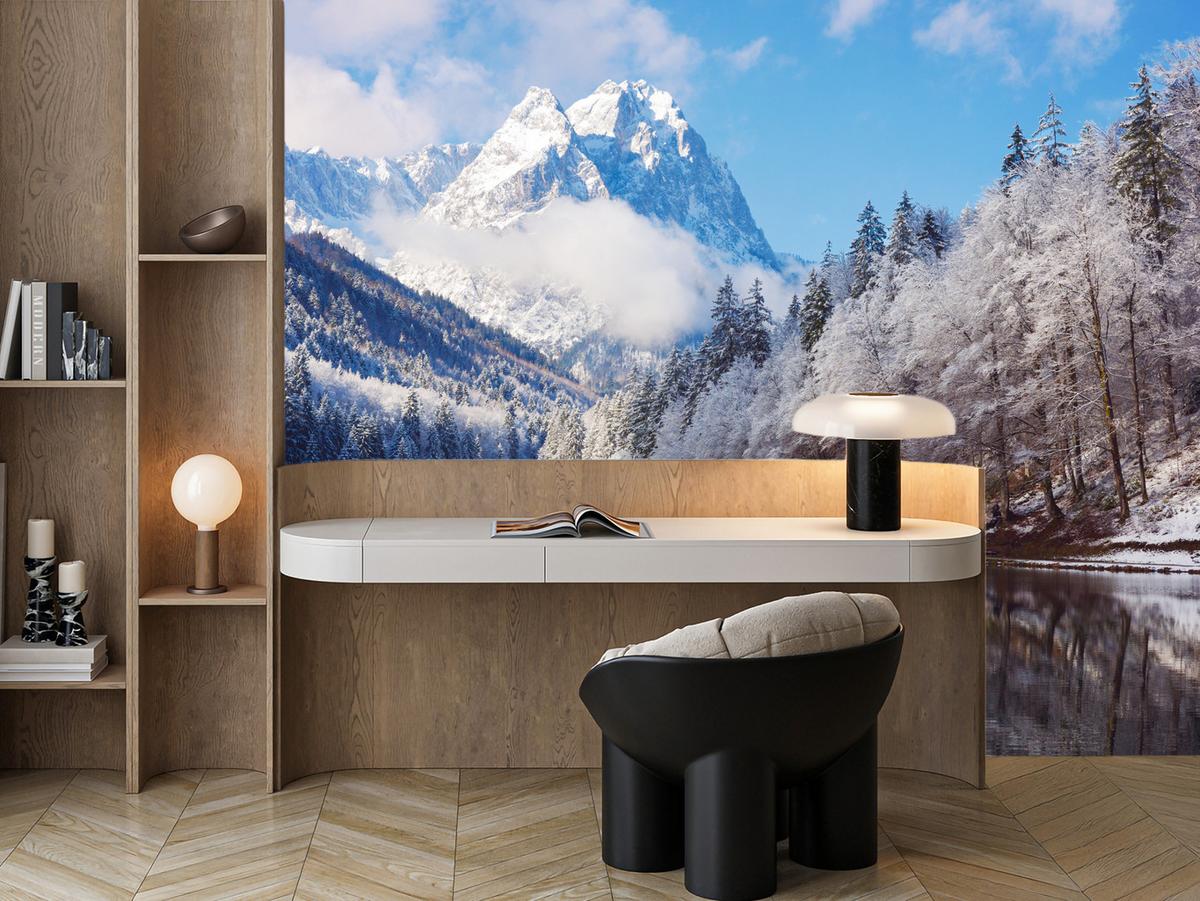 FOTOTAPETE für Wohnzimmer Winterberglandschaft See Nadelwald Schnee 150x105 - Blau/Braun, Papier (150/105cm) - Muralo