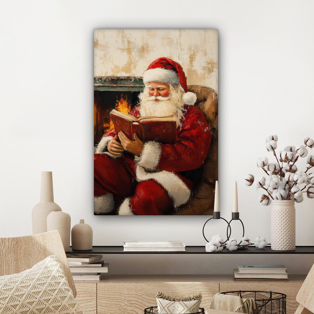 LEINWANDBILD Weihnachten - Weihnachtsmann - Winter - Open Fireside Wanddeko Schlafzimmer 60x90 cm - Dunkelrot, Textil (60/90cm) - MuchoWow
