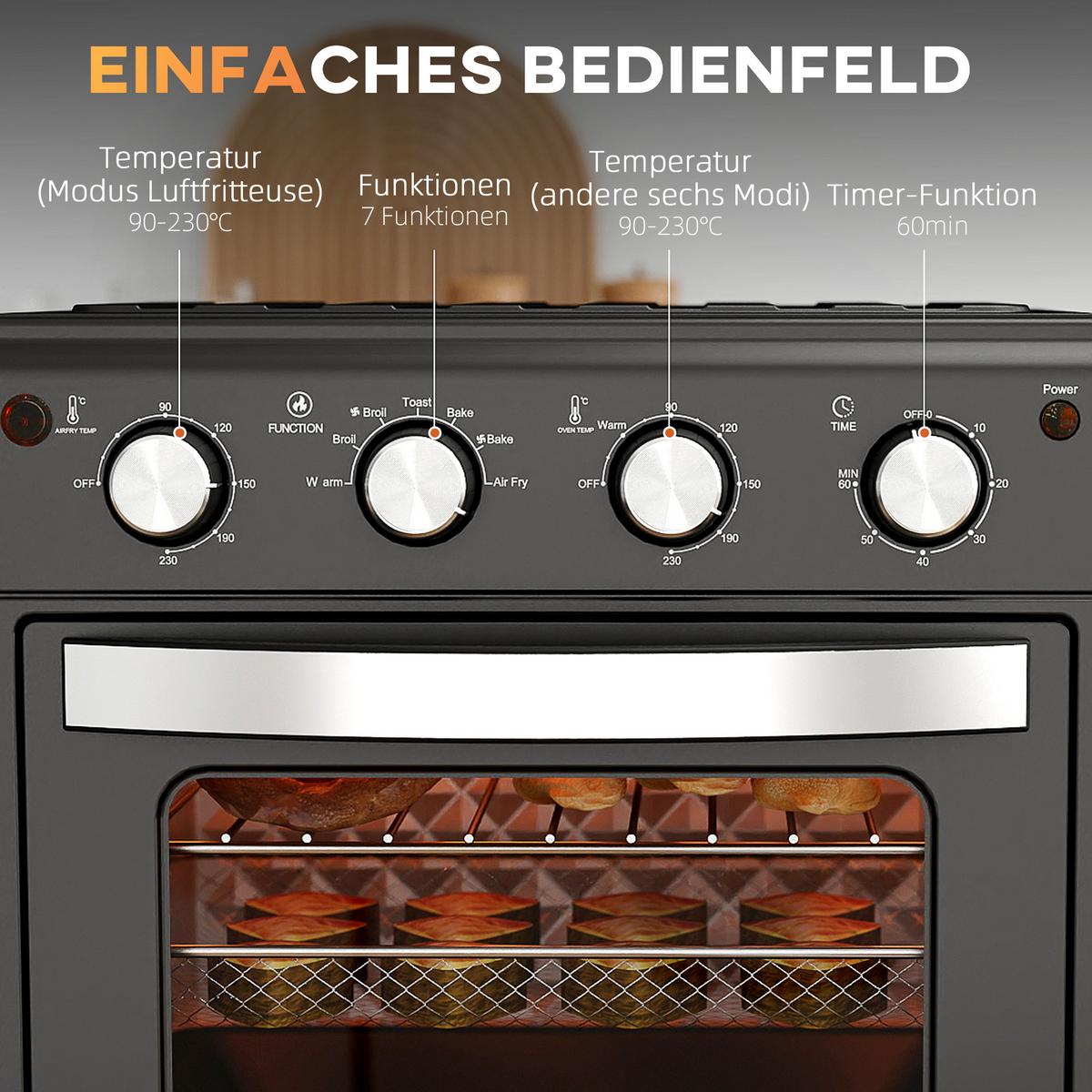 HEISSLUFTFRITTEUSE Stahl gehärtetes Glas Schwarz - Schwarz, Metall (43/39/39cm) - HOMCOM