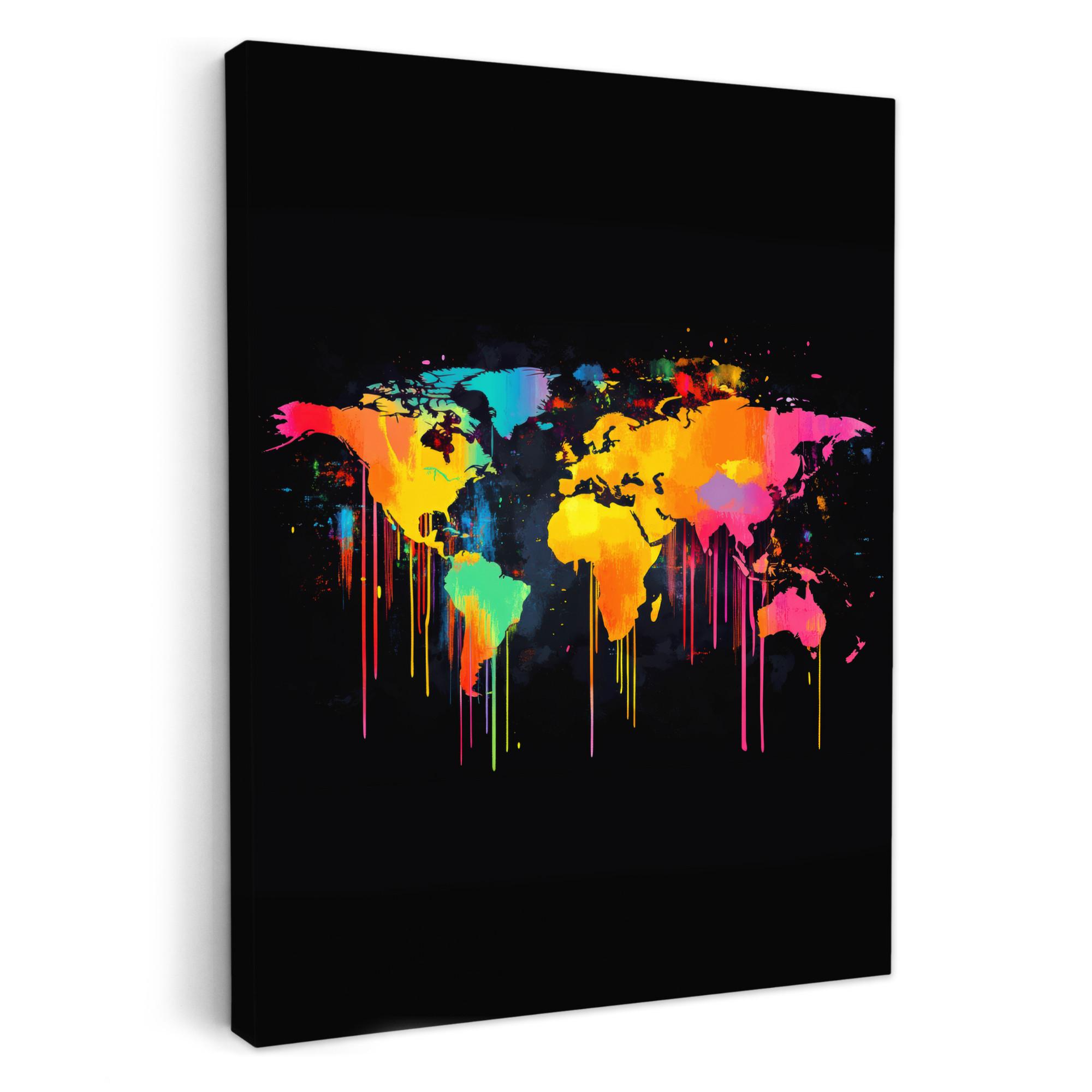 LEINWANDBILD Weltkarte - Farbe - Bunt - Graffiti - Welt Wandbild Wohnzimmer 60x80 cm - Multicolor, Textil (60/80cm) - MuchoWow