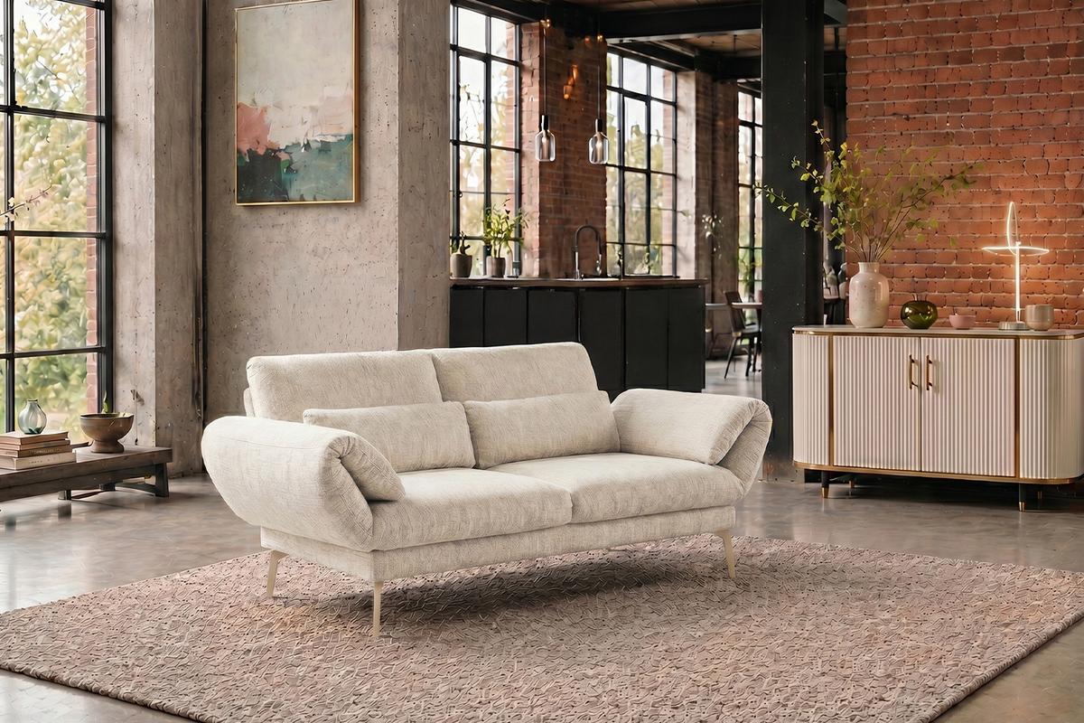 SOFA HOLLY Weiß Flachgewebe - Weiß/Braun, Textil/Metall (176/90/92cm) - KAWOLA