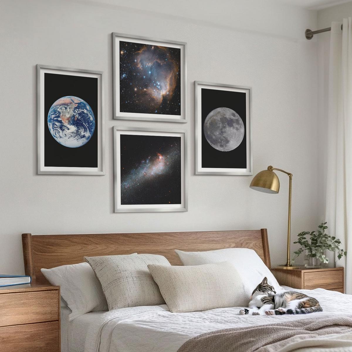 BILDER SET 4er Set - 50x50 cm & 40x60 cm Silberner Rahmen - Galaxie Weltraum Mond - Silberfarben, Kunststoff (50/50cm) - TULUP