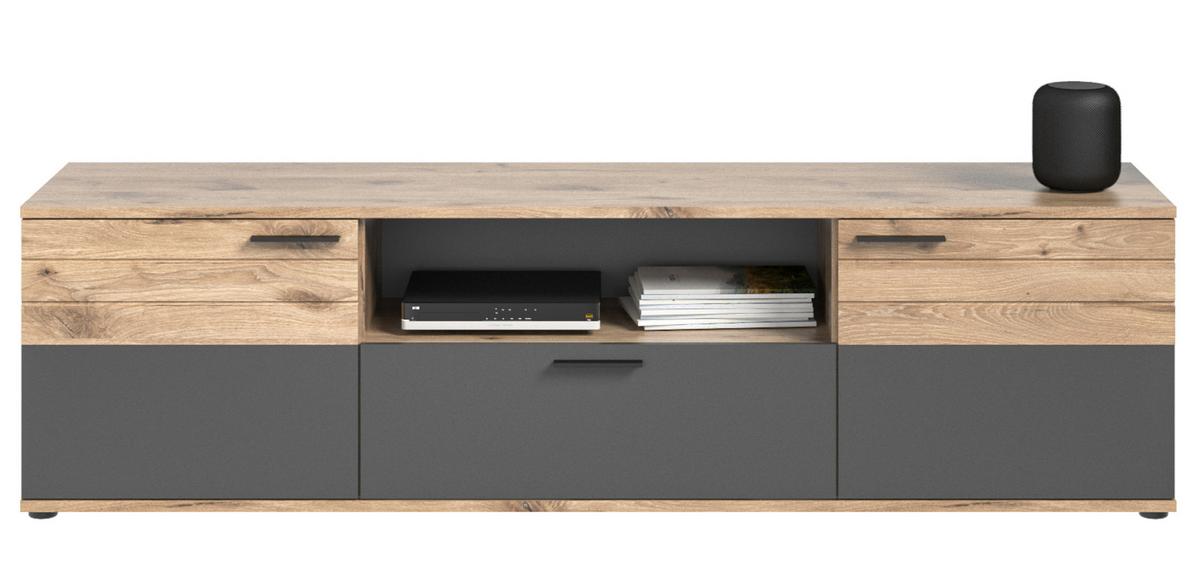 TV-LOWBOARD Eiche, grau 194 cm, XL Flat TV Unterschrank mit Soft-Close - Eichefarben/Schwarz, Holzwerkstoff/Kunststoff (194/53/47cm) - Inn.Furn