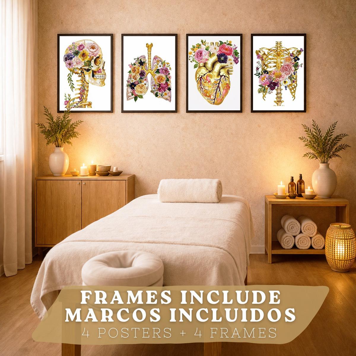 POSTER Set aus 4 Anatomie Mensch Drucke und Wandbilder mit Schädel Skelett Herz und Goldene Lungen Wanddekoration Größe Schwarzer Rahmen A3 - Schwarz, Papier (29.7/42/3cm) - Nacnic