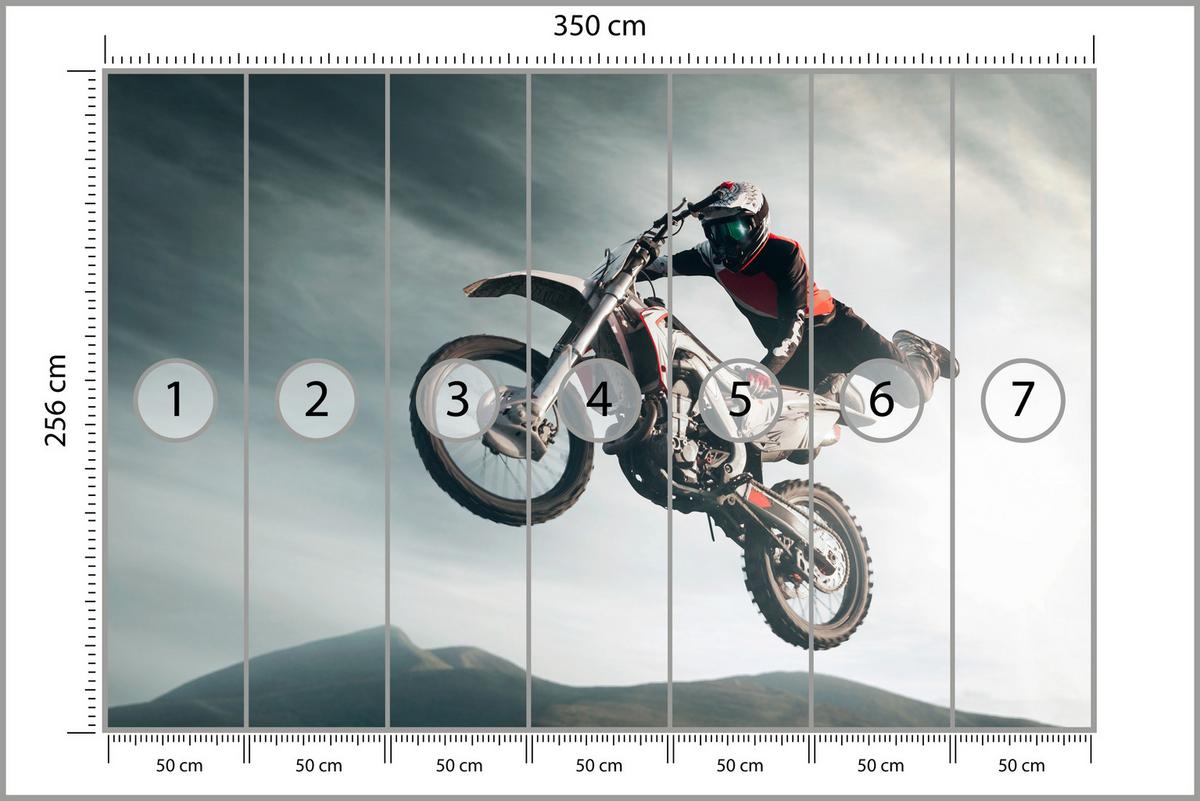 FOTOTAPETE für Jugendzimmer Motocross Sprung Mann Sport Berge Action 350x256 - Grau, Papier (350/256cm) - Muralo