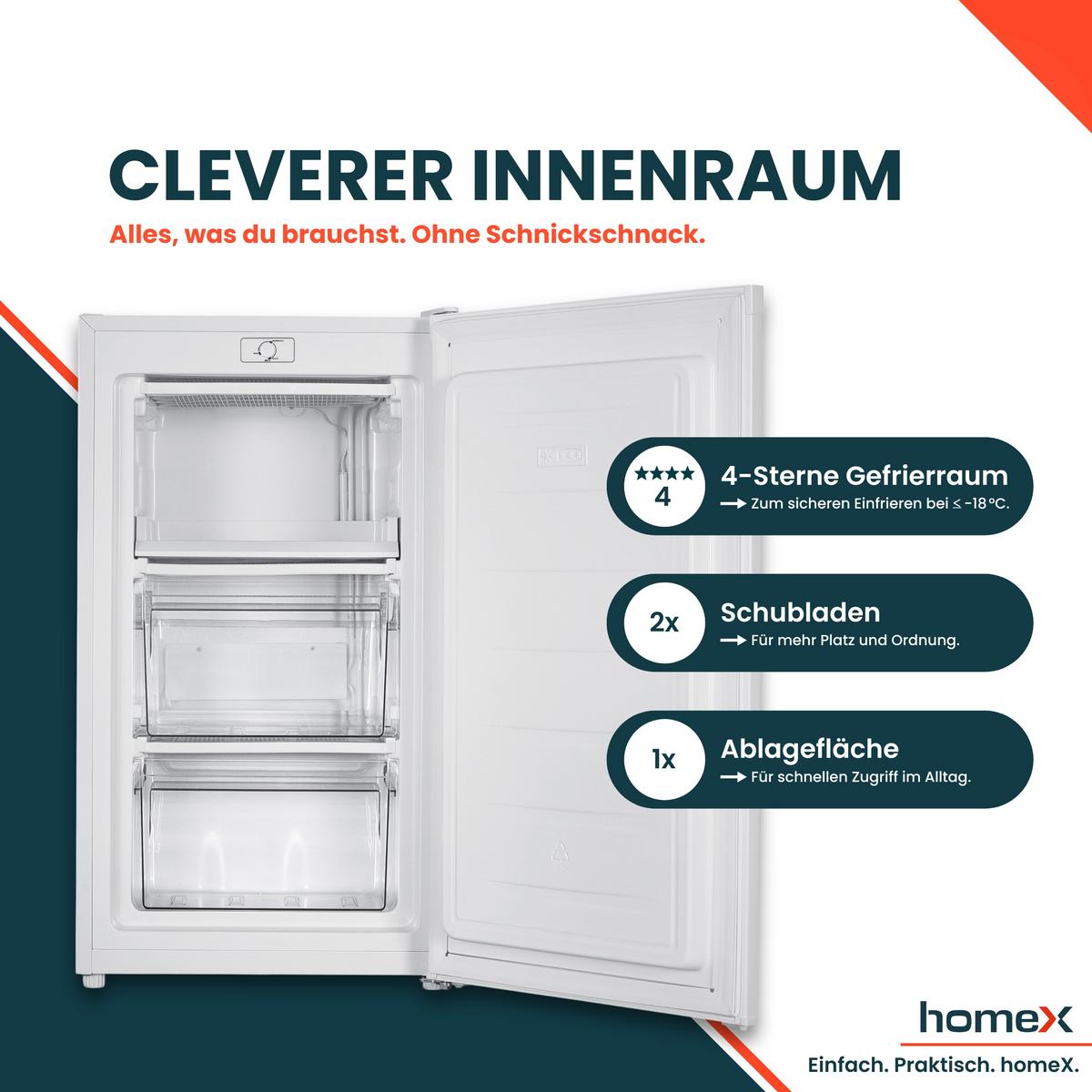 GEFRIERSCHRANK klein - 60L Nutzinhalt, 4-Sterne Gefrieren, kompakt, freistehend, weiß - Weiß, Kunststoff/Metall (47.5/85/45cm) - homeX