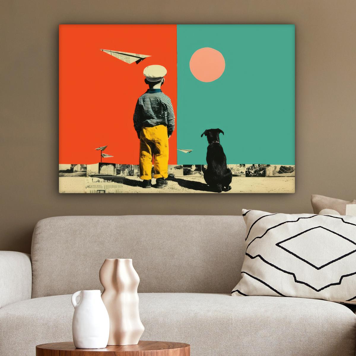 LEINWANDBILD Retro - Junge - Hund - Rot - Grün Wandbilder 80x60 cm - Orange, Textil (80/60cm) - MuchoWow