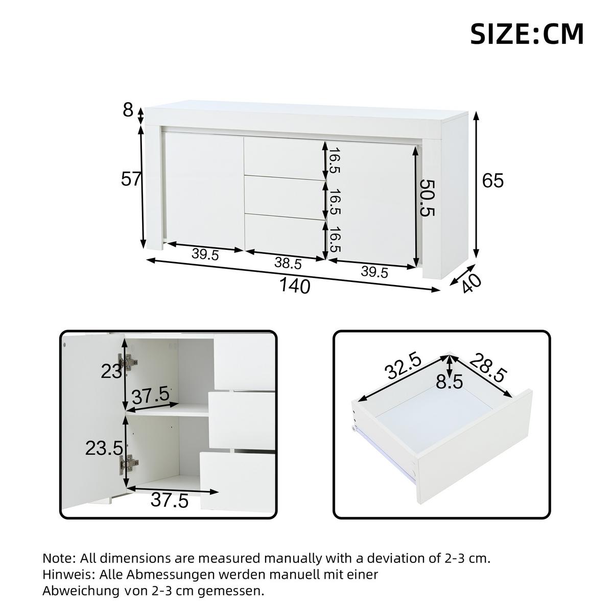 SIDEBOARD 140 cm 2 Türen, 3 Schubladen, LED-Beleuchtung, Hochglanz, Weiß & Schwarz Verstellbare Einlegeböden - Weiß Hochglanz, Holzwerkstoff (140/65/40cm) - Urban Meuble
