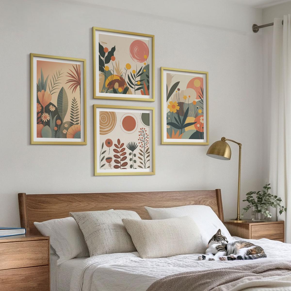 BILDER SET 4er Set - 50x50 cm & 40x60 cm Goldrahmen - Boho-Pflanzenmuster - Goldfarben, Kunststoff (50/50cm) - TULUP